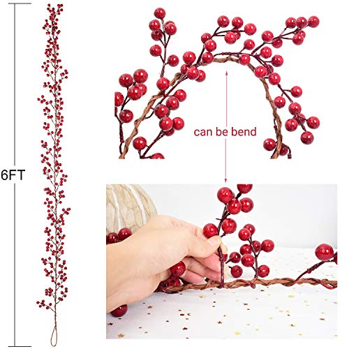 Artiflr 6FT Red Berry Garland, Flexible Artificial Red and Burgundy Berry Christmas Garland for Indoor Outdoor Hone Fireplace Decoration for Winter Holiday New Year Decor
