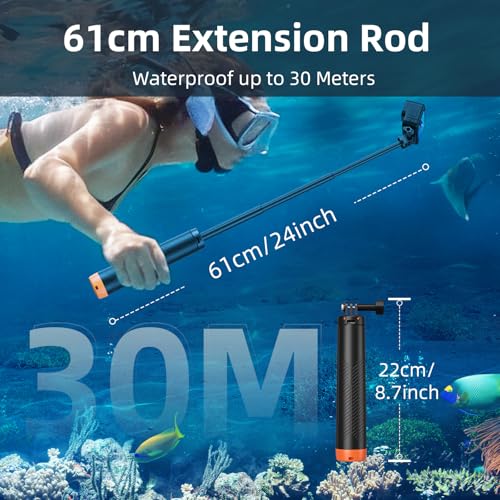 Floating Handgrip Selfie Stick Tripod Waterproof Extendable Selfie Monopod for Go Pro Hero 13 12 11 10 9 8 7 6 5 4 3, 3+ DJI Action 5 Pro Action 4/3 Insta360 Action Cameras