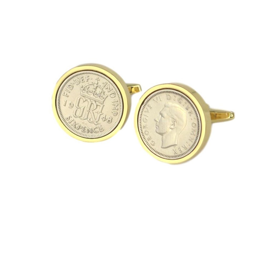 Polished Sixpence Gold Mount Cufflinks | 1948 Anniversary Coins 76th Birthday