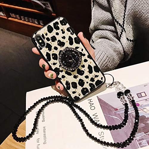 KeKeYM For iPhone X Case Stand, Soft Ball Gel Rubber Bumper Bling Diamond Glitter Smooth Surface with Metal Stand Holder/Crystal Lanyard for Girls (Leopard, for iPhone XS 10 5.8 inch)