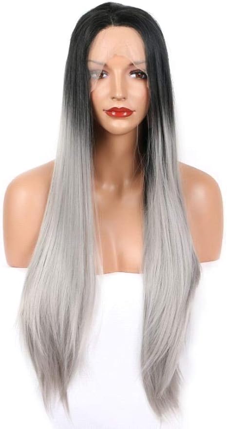 Amazon Co Jp Xuxuwa 小顔効果 女性 姫カット 原宿系 姫髪 ブラック グレーグラデーションロングストレートヘアウィッグの合成レースフロントウィッグ カラー 自然 医療用 小顔効果 ロング フルウィッグ ホーム キッチン