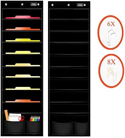 2 Pack Pocket Chart, File Folder Organizer with 9 large + 2 small Pockets for Office, School, Home, Studio, etc. 47 X 14 inch, BLACK, Mountings READY (4 hangers and 3 over door hooks)