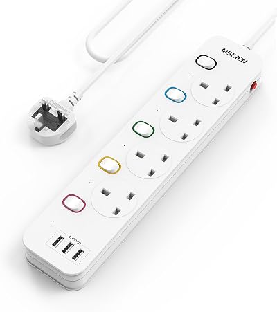 Mscien Extension Lead 4 Way 3 USB 1.8M Cable Individual Switches Overload