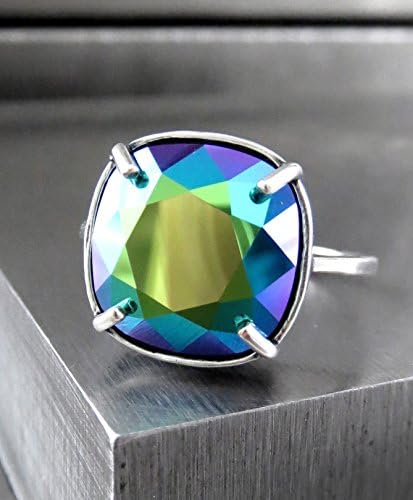 Mermaid Green Blue Swarovski Crystal Cocktail Ring on Silver Plated Adjustable Band