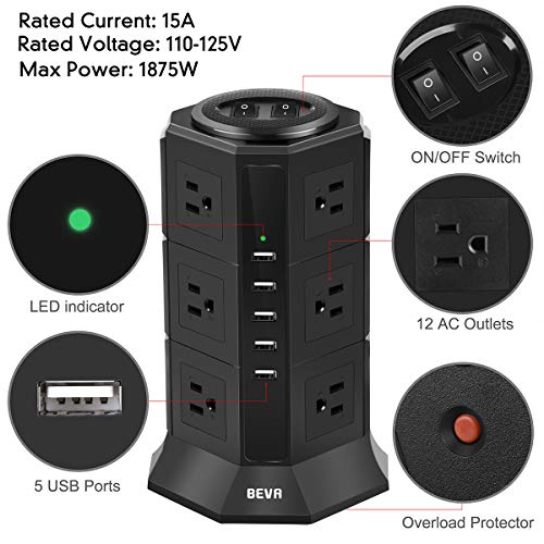 Power Strip Tower - BEVA 12 AC Outlets 5 USB Ports Charging Station 1875W/15A, 1050 Joules Multi Protection with 6ft Heavy Duty Long Extension Cord for Home Office, ETL Listed