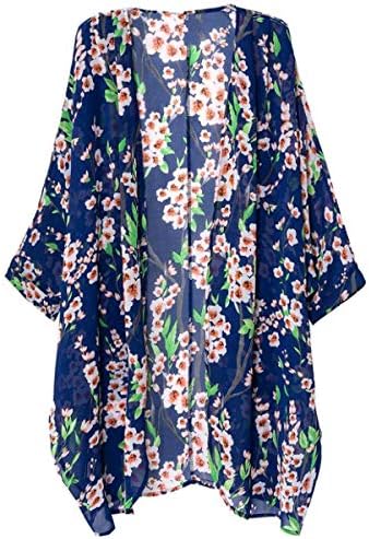 Women's 3/4 Sleeve Floral Kimono Cardigan, Sheer Loose Shawl Capes, Chiffon Beach Cover-Up, Casual Blouse Tops