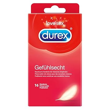 Durex Gefühlsecht Kondome – Hauchzarte Kondome für intensives Empfinden und innige Zweisamkeit – 16er Pack (1 x 16 Stück)