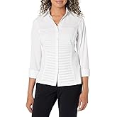 Zac & Rachel Womens 3/4 Sleeve Cuff Sleeve Button Down Top with Ribbed Knit Inserts for a Comfortable Fit Blouse