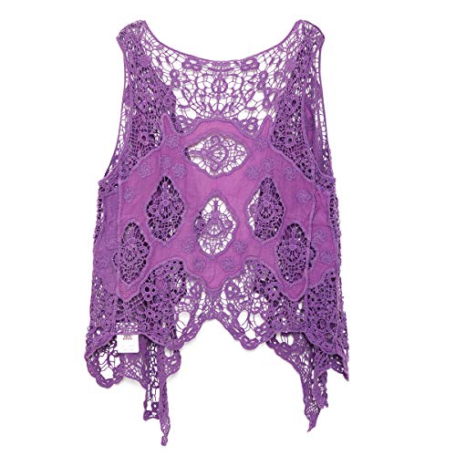 jastie Open Stitch Cardigan Boho Hippie Crochet Vest (Purple)