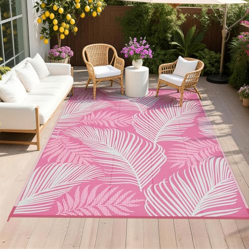 Pauwer Outdoor Rug 6x9 Leaf Pink