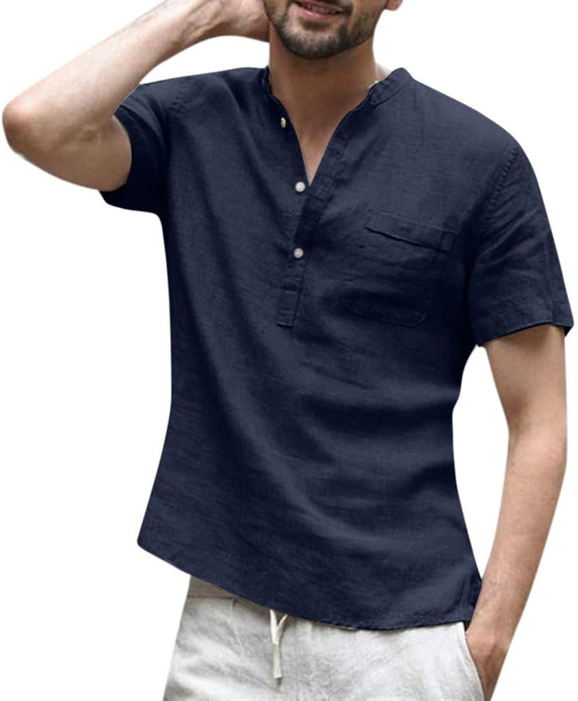 CofeeMO V Neck Retro Cotton Linen Undershirts for Men,Casual Short