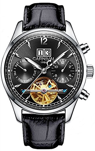 Men's Multifunction Calendar Analog Automatic Mechanical Watch Luminous Exhibition Movement Wrist Watches (Leather Band-Black)