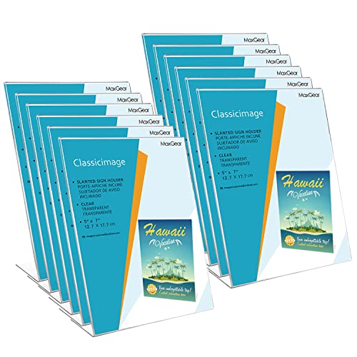 MaxGear Acrylic Sign Holder, 5 X 7 inches Clear Plastic Sign Holder, Slant Back Design Table