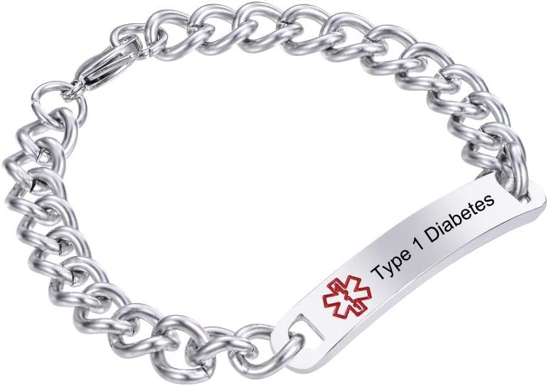 KY Stainless Steel Medical Bracelet Wristband Red Medicine Logo Engraved Medical Alert ID Bracelet Type 1 Diabetes Twisted Chain Lobster Buckle Bracelet for Man Woman 20.5cm