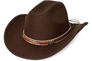 LolliWeaver Women Men Fashion Wide Brim Teardrop Crown Felt Western Cowboy Cowgirl Hat with Silver Studs Leather Hat Band