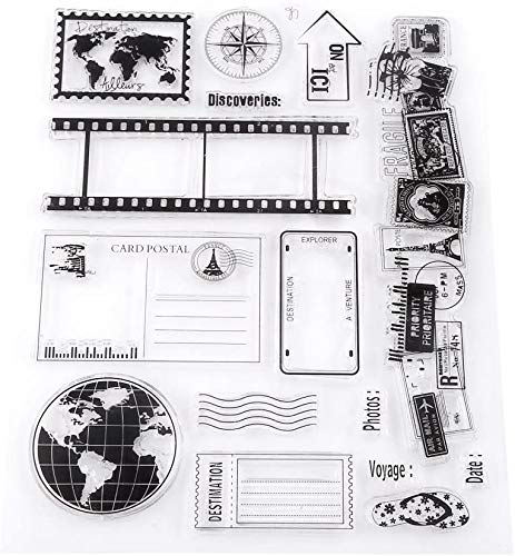 Clear Silicone Stamps Earth Map Travel Theme Patterns Rubber Seal Postage Stamp for Bullet Journals Card Making Decoration, Scrapbooking, Scrapping and Journals