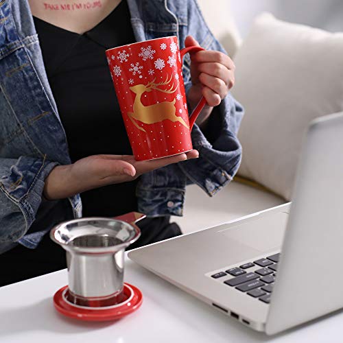TEANAGOO M58-12 Porcelain Tea-Cup with infuser and Lid, 18 OZ, Red Golden Deer, Best Gift for Christmas & New Year