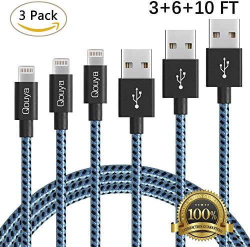 Qouya 3/6/10 FT Nylon Braided Cord Lightning Cable Certified to USB Charging Cable for iPhone X/8/8S/7/7S/6S/6 Plus/Se/5S/5/iPad/iPod Nano 7