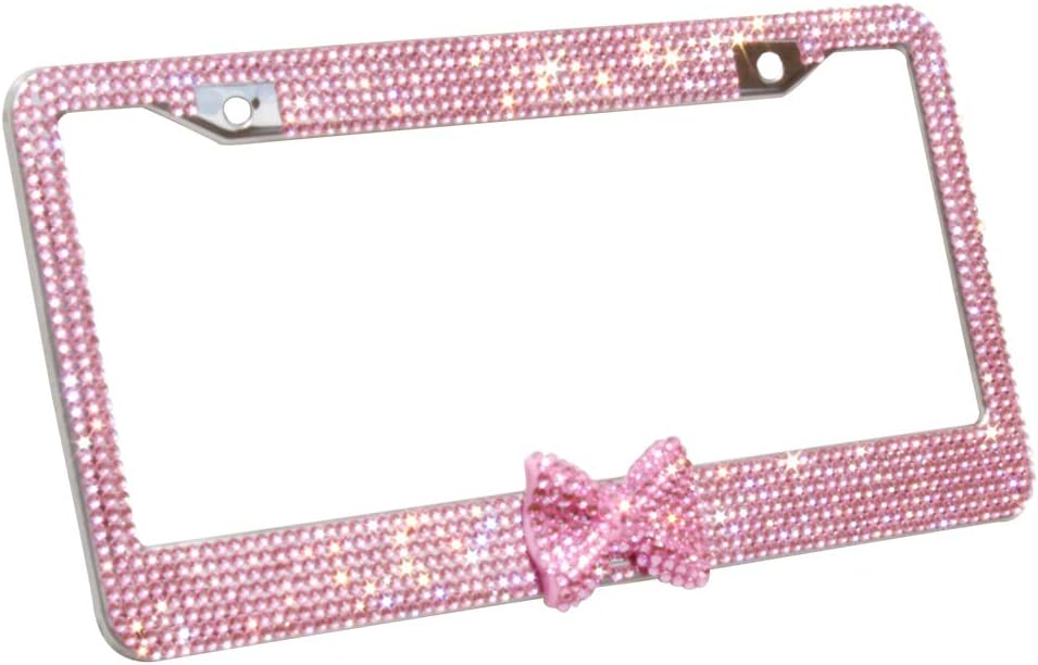 OTOSTAR 7 Row Bling Bling Rhinestones Stainless Steel License Plate Frame with Bow Tie Bonus 2 Screws & 2 Covers (Pink/Pink Bowtie)
