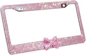 OTOSTAR 7 Row Bling Bling Rhinestones Stainless Steel License Plate Frame with Bow Tie Bonus 2 Screws & 2 Covers (Pink/Pink Bowtie)