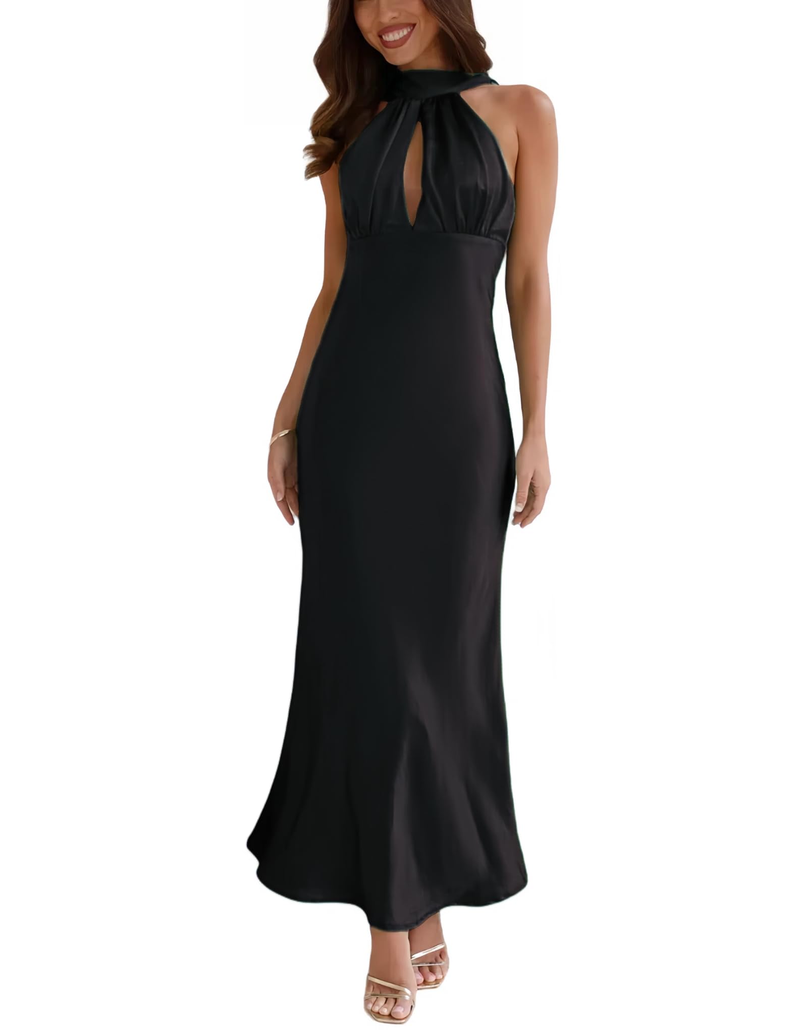 Photo 1 of 2024 Satin Cutout Halter Neck Midi Dress Silk Sexy Sleeveless Backless Empire Waist Formal Dresses for Wedding Guest Black Size L