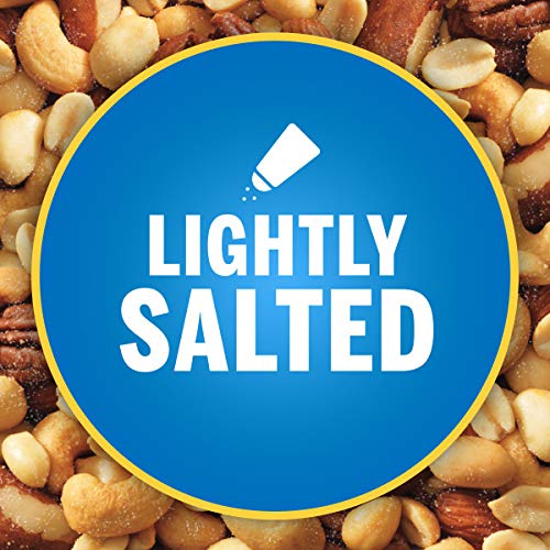 PLANTERS LIGHTLY SALTED MIXED NUTS, 15 OZ CANISTER – LESS THAN 50% PEANUTS BY WEIGHT (BREAK) ALMONDS, CASHEWS, PECANS, BRAZIL NUTS ROASTED IN PEANUT OIL – ON-THE-GO SNACK AND MOVIE SNACK – RESEALABLE CANISTER – KOSHER