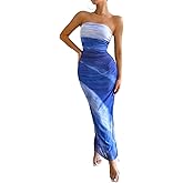 LIGHT DOT Women's Summer Maxi Dress Tie Dye Strapless Tube Bodycon Side Slit Mesh Layered