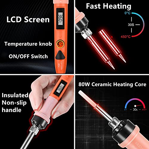 Lötkolben Set Digital, SRMTCH 80W Präzisions-Lötkolben mit LCD-Display, Professionelles Löt-Kit mit einstellbarer Temperatur 200-450 ℃, EIN / AUS-Schalter (Orange)