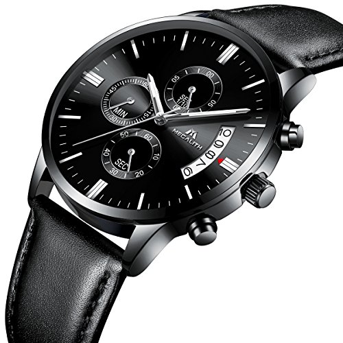 Mens Black Wrist Watches Men Waterproof Chronograph Date Large Face Leather Watch Sport Fashion Watches