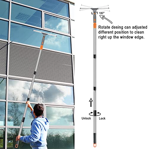 BITOPE Squeegee for Window Cleaning , Rotatable Cleaner Tool with Long Handle Extension Pole，11”Microfiber Scrubber and 12”Wide Squeegee Cleaner Kit for Car，Shower Glass Door，High Windows