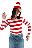Where's Waldo Now Costume Adult Funny Sweatshirt Hoodie Outfit Glasses Hat Cap Suits (Large, Female)