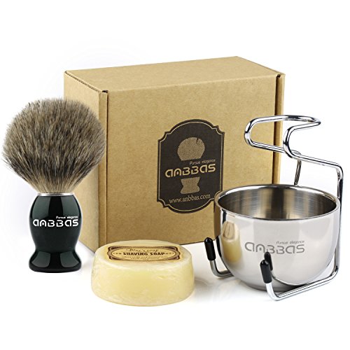 Shaving Brush Set,4in1 Anbbas Best Badger Bristles Shaving Brush Black Wood Handle and Goat Milk Soap 100g,Stainless Steel Shaving Stand and Soap Cup Kit Perfect for Men