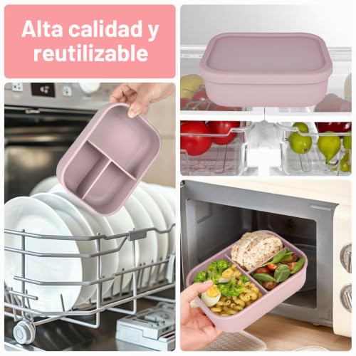 elthmpr Lunch Box for Adults and Kids, 800ml Silicone Leakproof Lunch Box with 3 Compartments, Microwave and Dishwasher Safe, Lunch Boxes for School, Picnic, Office, Teenagers and