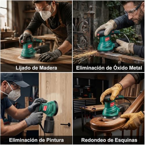 Lixadeira orbital 300w, lixadeira rotorbital hychika com motor de cobre puro, 6 velocidades, 13000rpm, lixa 12pcs 125 mm (grão 240/120/80), com bolso de coleta lavável, para madeira e metal