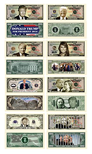 Donald Trump 45th President Collectors 8 Bill Set: Commander In Chief Bill, 2016 Presidential, 2016 Victory, 2016 Trump Vs Hillary, Legacy, 2017 Inaugural, Melania Trump and Hillary For Prison Note