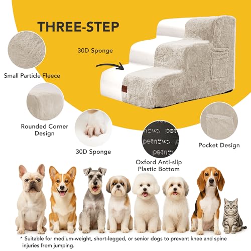 PETNOVO Escalera para Perros de 3 Peldaños para Sofá y Cama, Escalones para Perros Pequeños y Mayores con Felpa Ultrasuave, Base Antideslizante y Funda Lavable, Certificación Oeko-Tex, Beige Crema