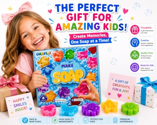 GRAFLO Soap Making Kit for Kids – DIY Make Your Own Soap Set with 8 Soap Bases, 4 Molds, 4 Colors, 2 Fragrances & Glitter, STEM Arts & Crafts Activity Gift for Boys & Girls Ages 6-12