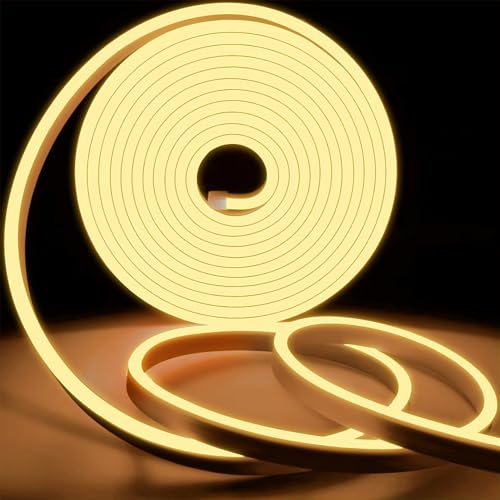 KSIBNW LED Strip 220 V Flexible Neon Light, Waterproof IP65, 50 Metres, 120 LEDs/m, Warm White, Neon LED Light for Bedroom, Bar, Games Room, Birthday, with Adapter and Controller