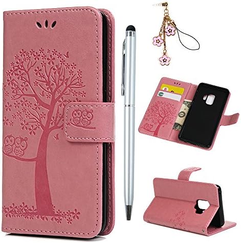 Samsung Galaxy S9 Case,Badalink PU Leather Case Wallet Cover Embossed Tree Owl Folio Flip Case Inner Soft TPU Shockproof Bumper Magnetic Closure Cover Cover with Card Slots,Pink