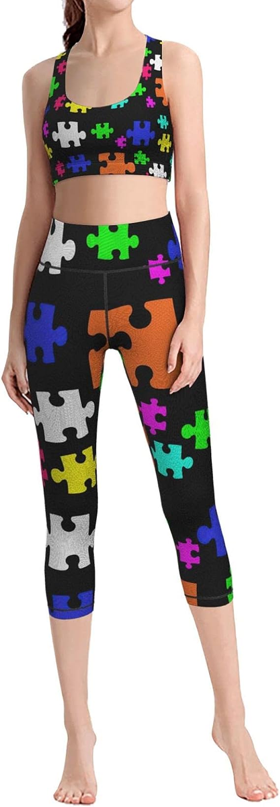Autism Awareness Puzzle Women Yoga Set 2 Piece Workout