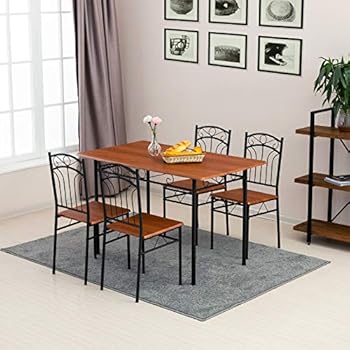 mecor 5 Piece Dining Table Set, Vintage Wood Tabletop Kitchen Table w/ 4 Chairs with Metal Frame (Reddish Brown)