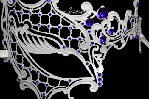 New Women Metal Phantom Mask Laser Cut Venetian Halloween Masquerade Mask Costume Extravagant Inspire Design - White w/ Purple Rhinestones