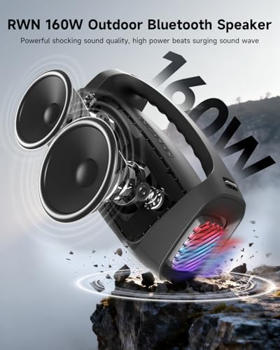 RWN Outdoor Bluetooth Speaker: 160W Loud Sound, IP67 Waterproof with 24H Playtime, Fast Charge, Bass, TWS, Portable Wireless Speakers with Light Show for House, Party, Projector, Beach (Black)