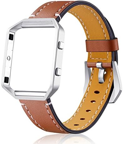 YuStar Compatible with Fitbit Blaze Watch Bands, Genuine Leather Strap Replacement Band with Metal Frame Wristband Women Men Black White Blue for Fibit Blaze Smart Watch