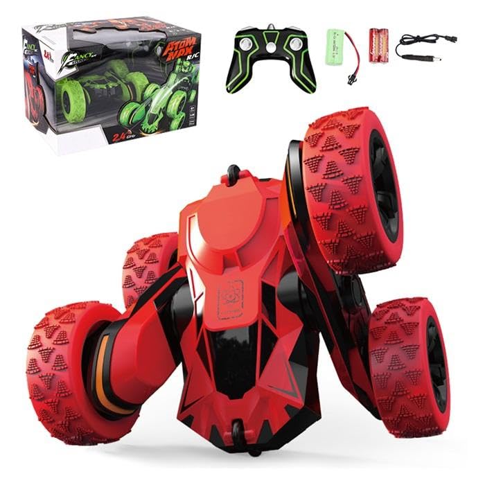 Sabocha R/C Remote Control Stunt Car, 4WD, 2.4 GHz, 360° Double-Sided Flips, LED Lights, 24 cm, for Ages 6+ (Red)