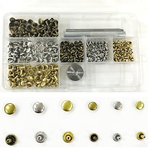 180 Set 2 Sizes Leather Rivets Double Cap Rivet Tubular Metal Studs with 3 Pieces Fixing Tool for DIY Leather Craft Repairing Decoration, Rivets Replacement, 3 Colors Gold, Silver, Bronze
