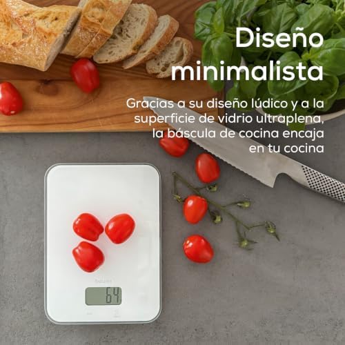 KS 19 Pure White balanza de cocina digital, capacidad de hasta 5 kg (división precisa de 1 g), balanza doméstica con sensor táctil, balanza para alimentos incl. pilas, diseño ultraplano, blanco