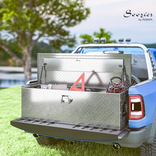 HOMCOM 48 Inch Truck Bed Tool Box, Heavy Duty Aluminum Diamond Plate Trailer Tongue Box with Side Handle and Locks Keys, Storage Organizer for Trailers, RVs, Pick Up