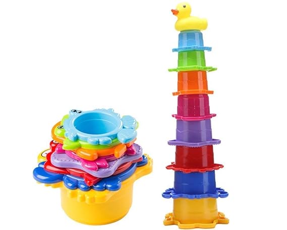 OleOletOy Kinder Badewannenspielzeug Set - 8X Stapelbecher mit Einer Badeente | 2 in 1: Wasser/Sand Abfliessen, Becher Stapel