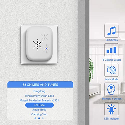 No Battery Required Doorbell,CFGROW Self-Powered Generation Waterproof Wireless Door Bell Chime Kit For Home, Office, Shops,Dog Bell,Operating At 1000 Feet,38 Chimes, 4 Volume Levels & Led Indicator - Thumbnail 2